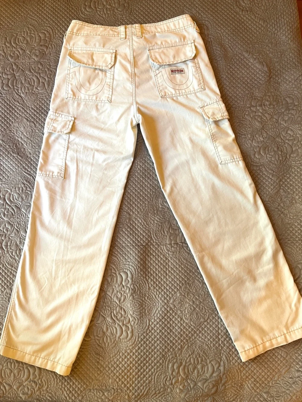 True Religion Men’s Off-White Cargo Pants - Utility Pocket Detail